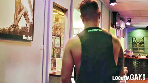 Muscular Angel Frontera in Bel Ami tank top, gay duo with Martín Mazza