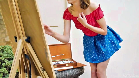 Lea Rose naughty solo outdoor painting in red off-shoulder top and blue skirt