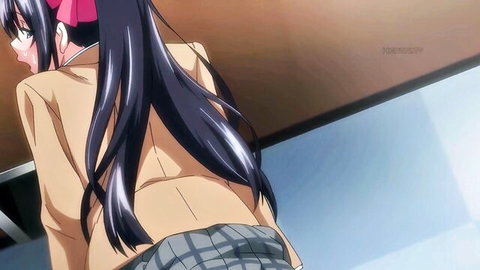 Hentai schoolgirl with huge tits bends over desk, plaid skirt hiked up exposing bare ass and pink pussy