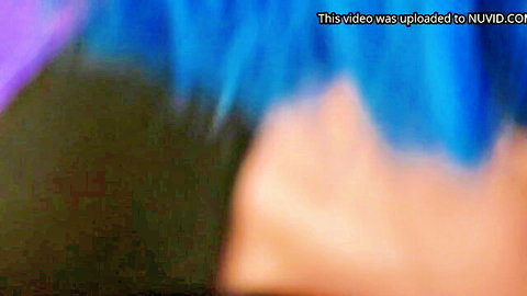 Blurry blue-haired amateur webcam girl teasing with huge tits solo