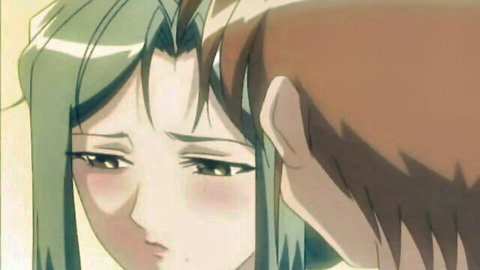 Anime girl with teal hair in intimate close-up with male character