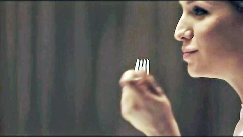 Tracy Delicious teasing with fork at romantic dinner, foreplay with Nessy Wild