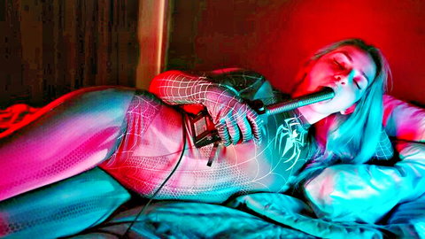 Spider-Gwen cosplay babe in tight suit licks mic for ASMR tingles