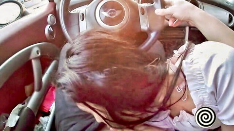 Stepsister leans in for car blowjob in wild public threesome
