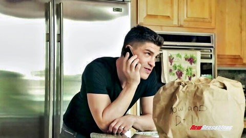Handsome guy on phone in kitchen, teasing kinky wife-in-law porno scene