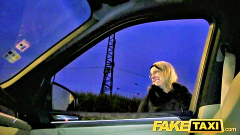 Blonde in glasses and fur coat in taxi, POV sex with driver