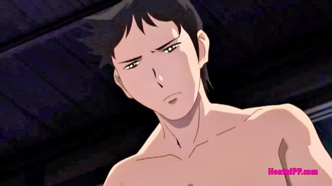 Shirtless anime guy with black hair and serious expression