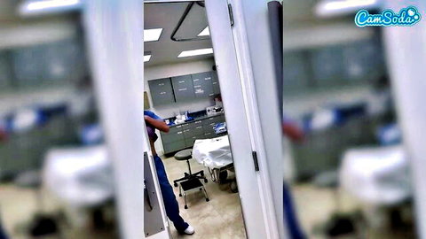 Fit nurse in blue scrubs poses in homemade amateur video thumbnail