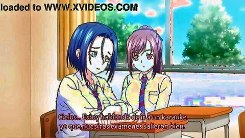 Busty anime schoolgirls in emotional hentai scene with exams and karaoke