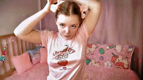 TinyKiki in pink strawberry milk shirt, wide-eyed in taboo roleplay