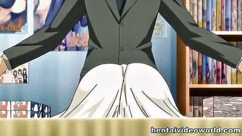 Anime schoolgirl bent over library desk with white panties ass exposed to suited man
