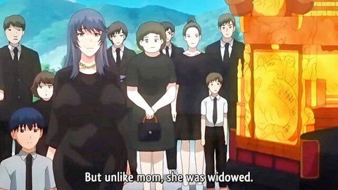 Anime hentai scene of widowed Asian woman in black dress at funeral, chubby teen creampie action