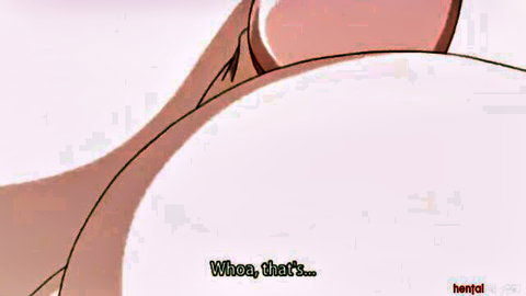 Shocked hentai girl wide-eyed with open mouth reacting to massive cock