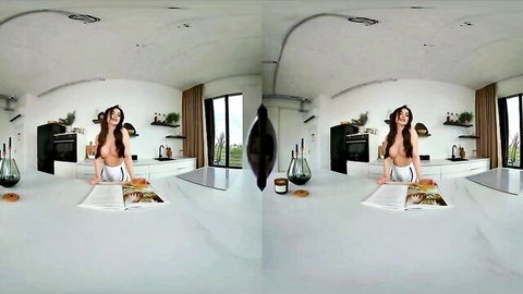 Stunning brunette MILF teases and masturbates nude in VR kitchen solo