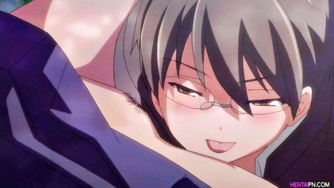 Hentai girl with glasses blushes and sticks out tongue in ahegao ecstasy closeup