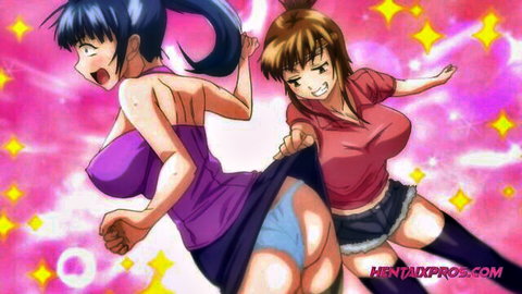 Anime hentai girls with big tits in upskirt lift exposing blue panties and juicy ass cheeks
