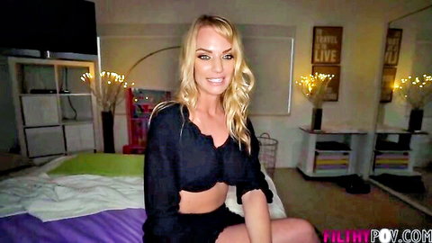 Blonde bombshell in lacy black top and shorts teases in POV bedroom scene