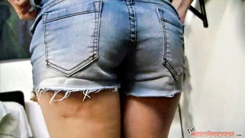 Chanel Preston's curvy ass in tight denim shorts from behind