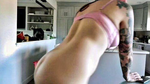 Tattooed curvy MILF bends over in pink bra exposing big ass for step-son POV