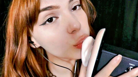Redhead ASMR babe puckers glossy lips sucking thick white dildo tease