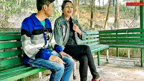 Desi teen with young guy on outdoor bench, teasing ass play vibes