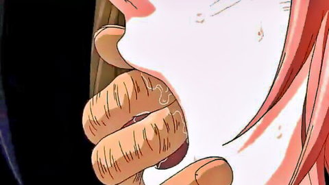 Hentai girl's mouth pried open by rough hands revealing thick cum dripping inside