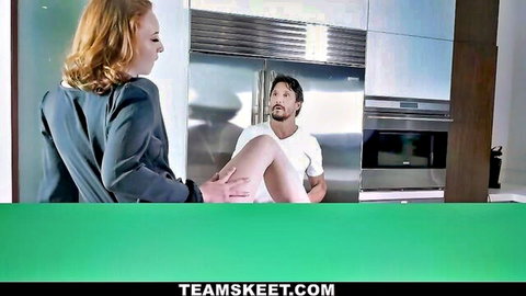 Redhead seductress lifts thigh high teasing aroused guy in steamy kitchen