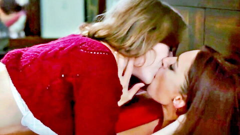 Blonde stepdaughter kisses redhead MILF passionately in underwear