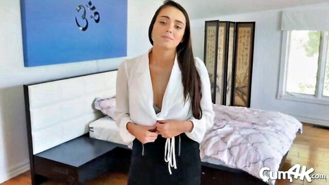 Hot brunette with massive rack in open white blouse teasing cleavage in Cum4K video