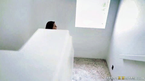 Curvy brunette gets pounded in doggy style by bald lover's long cock