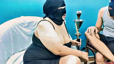 Qamar's masked big tits and curves in black dress, hookah tease with partner