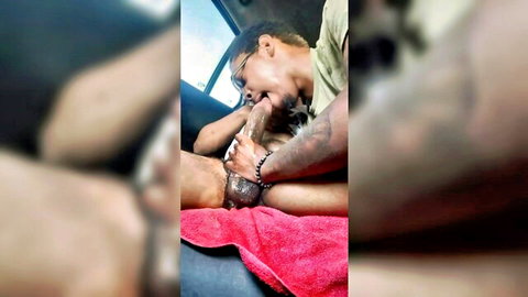 Ebony stud with massive BBC gets deepthroated by bearded guy in car backseat