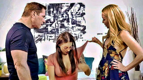 Maddy May stacked brunette in threesome tease with blonde mom and muscular man