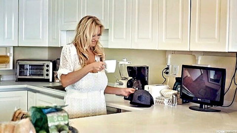 Kelly Madison blonde milf in white lace dress in kitchen