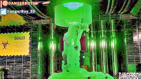 Claire emerging from glowing green slime tank in sci-fi lab fetish scene