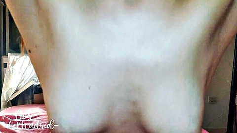 POV closeup of amateur girl flashing small pale tits and pink nipples from below