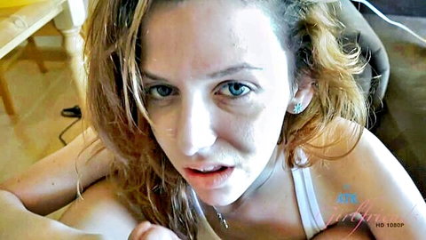 Emma O'Hara close-up with cum on lips after masturbation and sex