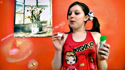 Angela in pigtails blows bubbles before first anal sex try