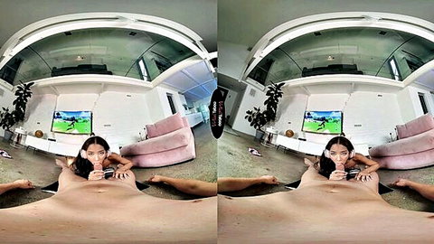 Lia Lin Asian babe plays cum game, POV blowjob on couch