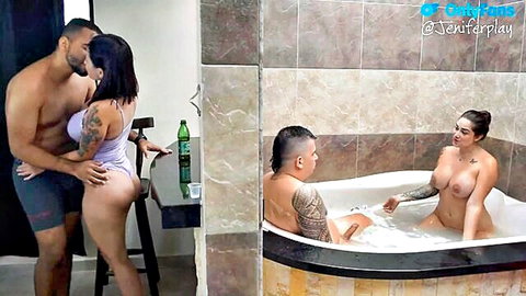 Sara Blonde and Jenifer Play nude in spa couple swap with muscular men