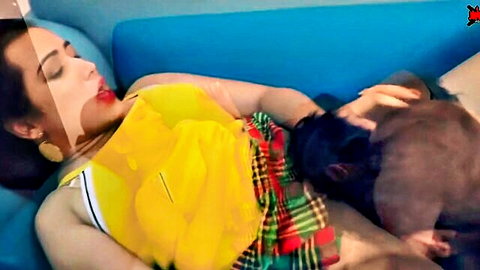Young Indian brunette in wet yellow top and plaid skirt enjoys pussy licking on couch