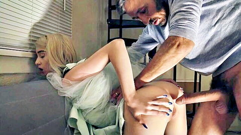 Lexi Lore bent over in white dress, fucked doggy style by stud