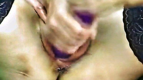Mature granny close-up pussy play with purple dildo insertion