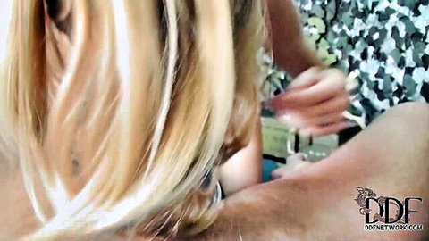 Skinny blonde with long hair sucking thick cock in intense POV blowjob