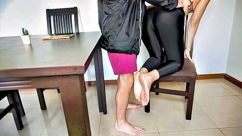 Neighbor woman in sexy lingerie teases man from behind in intimate pose