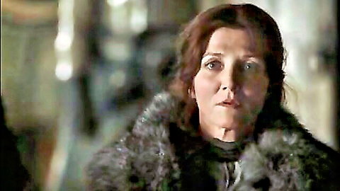 Michelle Fairley as Catelyn Stark in Game of Thrones, brunette in fur-trimmed gown