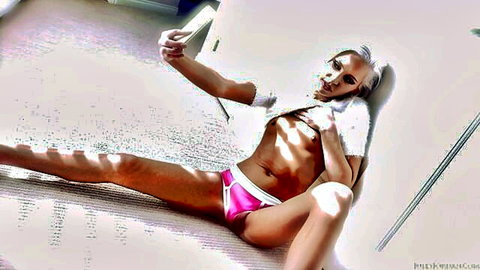 Petite blonde teen splits wide exposing small perky tits in pink panties selfie