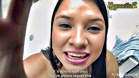 Wet smiling Latina brunette teases 'it's gonna hurt you' in POV closeup ready for rough cock fuck