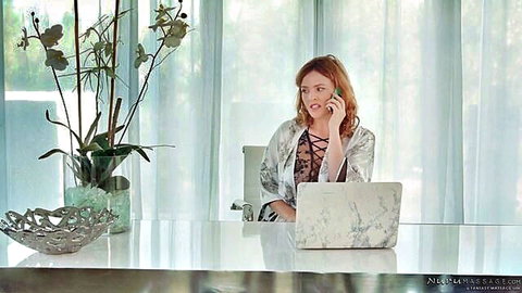 Krissy Lynn in open silky robe and lingerie on phone call