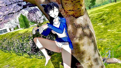 Ran Mouri hentai 3D anime girl in school skirt flashing panties outdoors